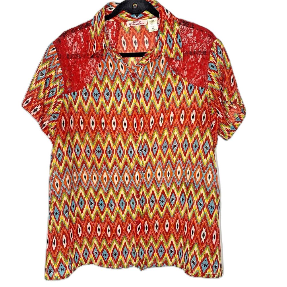 Lucy Diamonds Sheer Blouse Lace Short Sleeve Rodeo Western Cowgirl Womens 1X